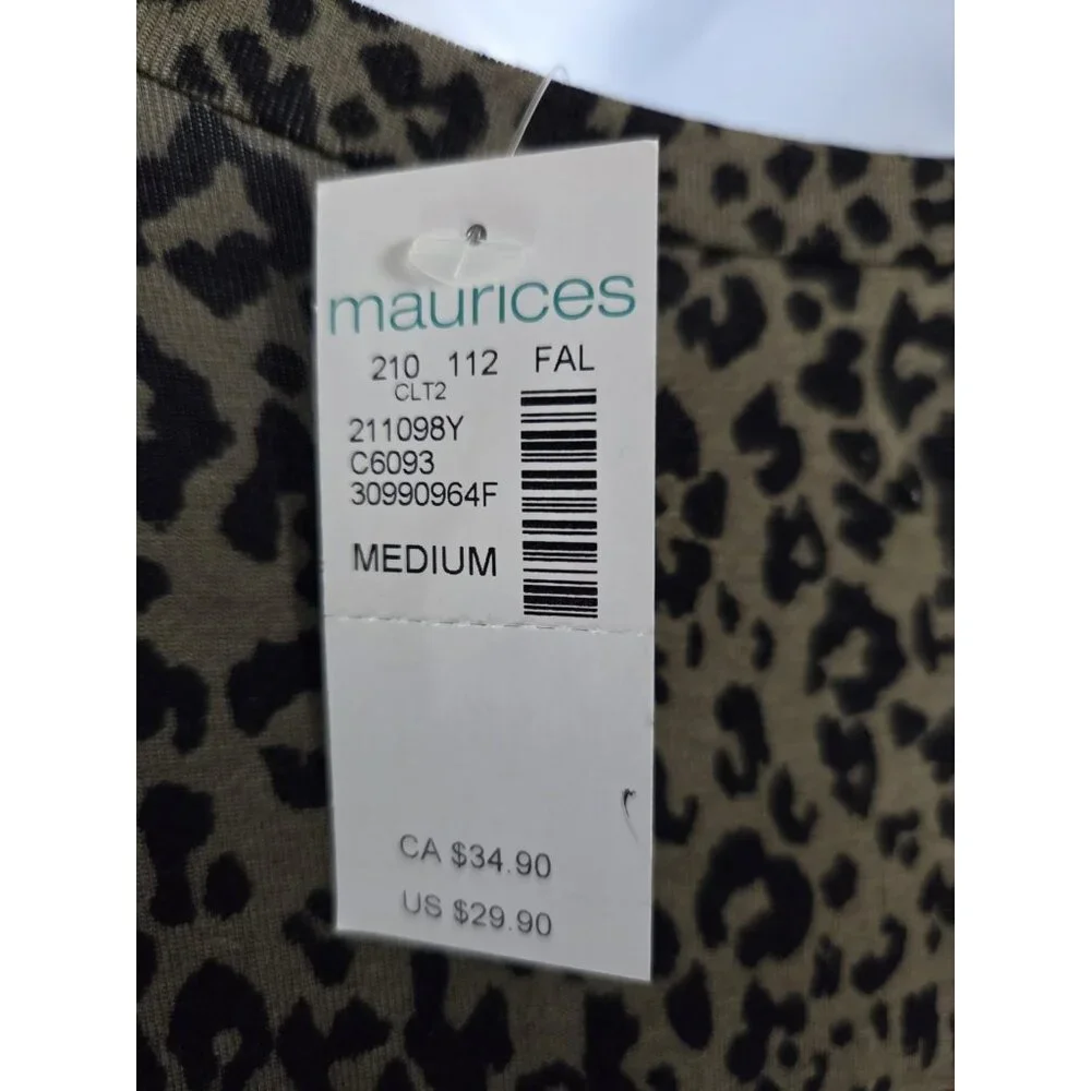 Maurices 24/7 Green Leopard Print Knee Jersey Knit Long Sleeve Shift Dress M NWT